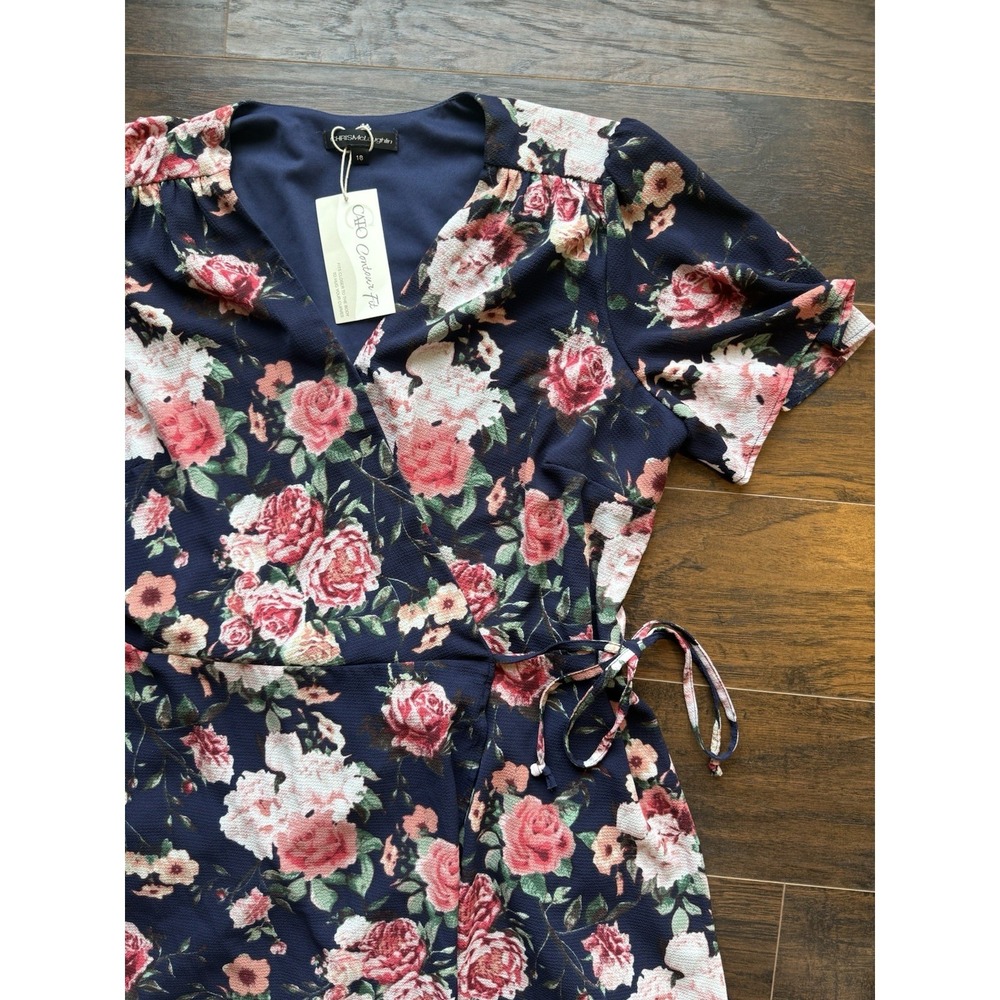 Cato Contour Fit Floral Wrap Dress Women Plus Size 18 NWT Navy Pink Midi Cottage - Picture 3 of 7
